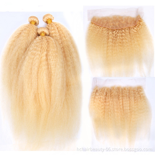 613 Blonde Bundles With Frontal Brazilian Kinky Straight Hair Bundles With Frontal Remy Blonde Human Hair Bundles with frontal